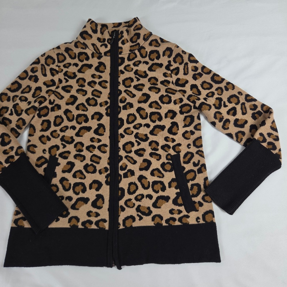 RACHEL ZOE Leopard Print Mock Neck Zip Front Cardigan Sweater Small